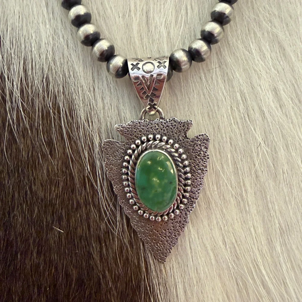 ❤️ Kingman Turquoise Hand Stamped Arrowhead Sterling Pendant Navajo 9.4G Unisex